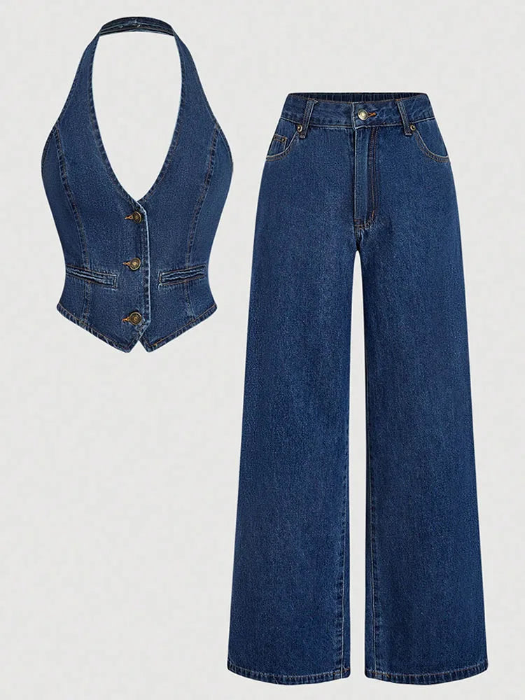 Retro Denim Pants Set