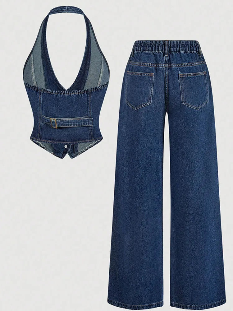 Retro Denim Pants Set